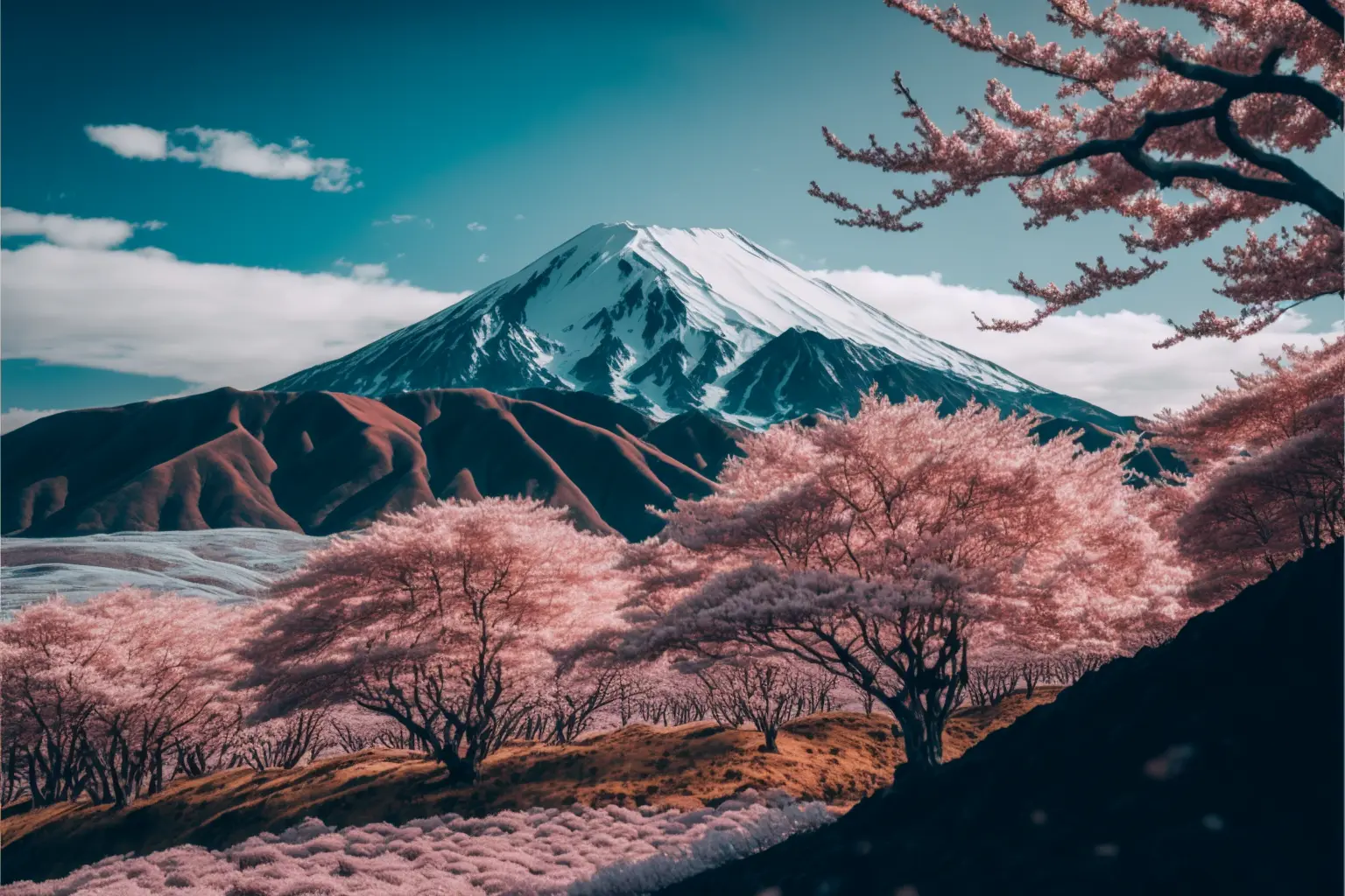 北海道粉红色樱花树富士山