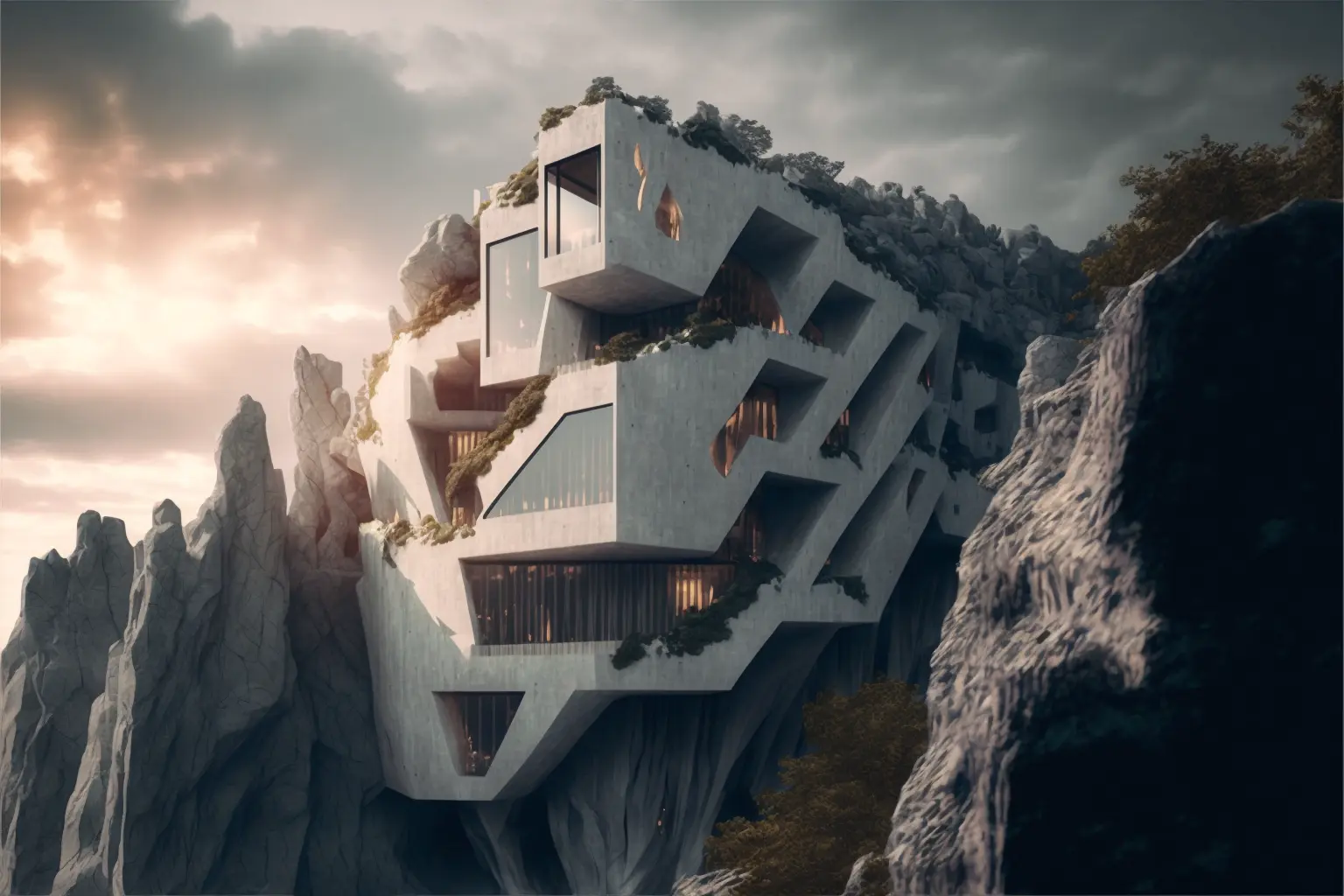 resort embed into a cliff designed by Kengo Kuma, architectural photography, style of archillect, futurism, modernist architecture