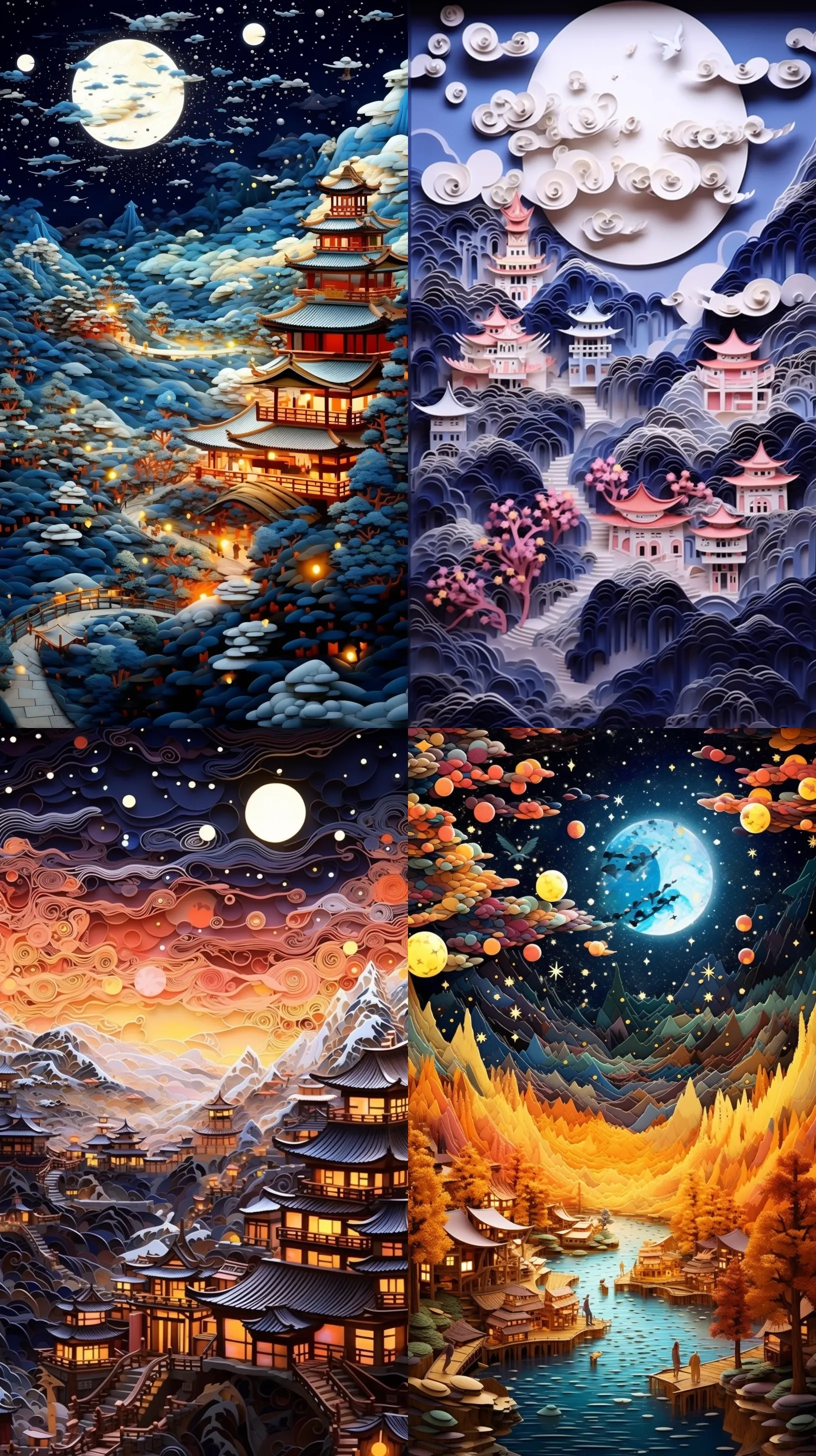 中国风立体剪纸浮雕插画